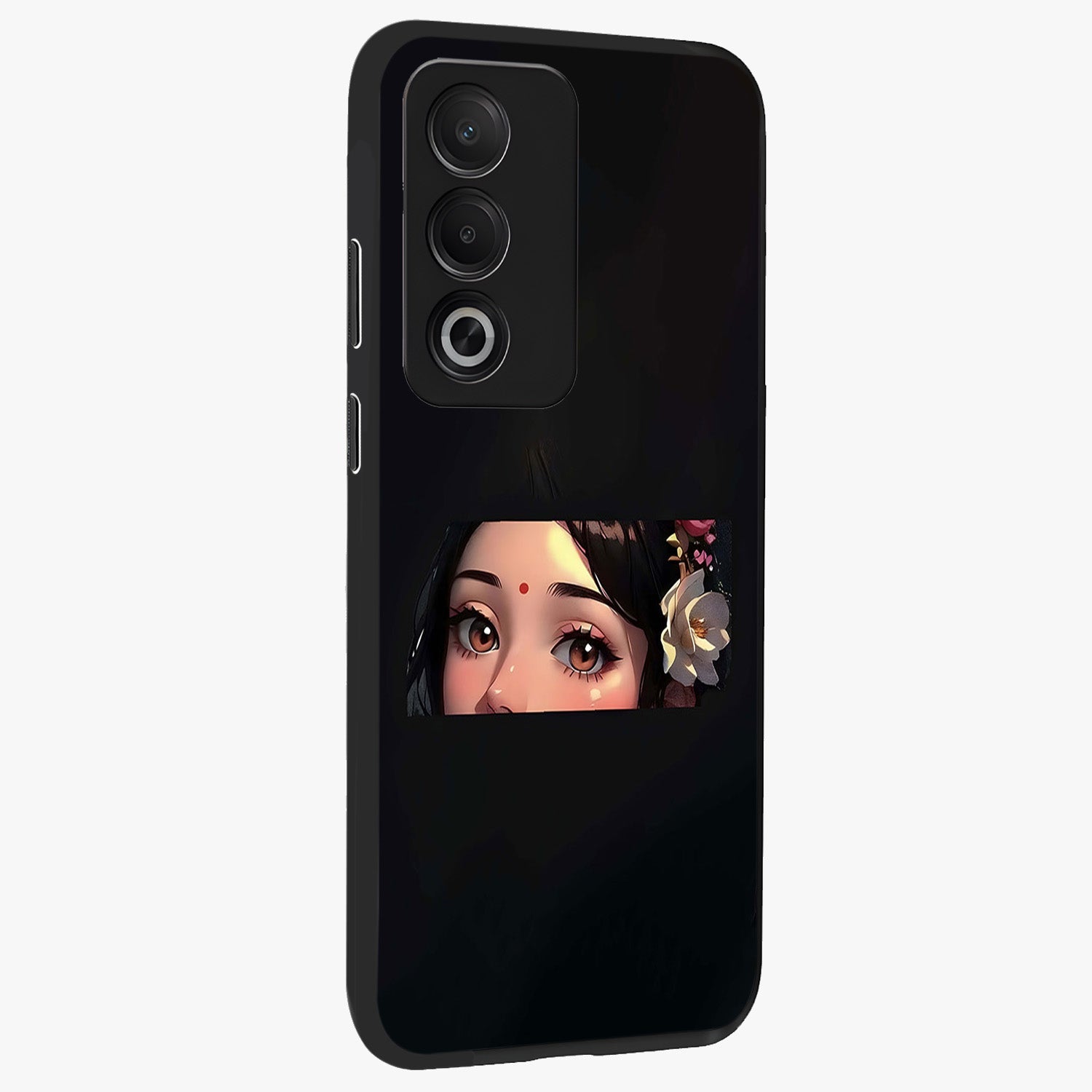 Radha Divine Embrace Glass Case upright view showcasing sacred Radha themed artwork with peaceful devotional style.