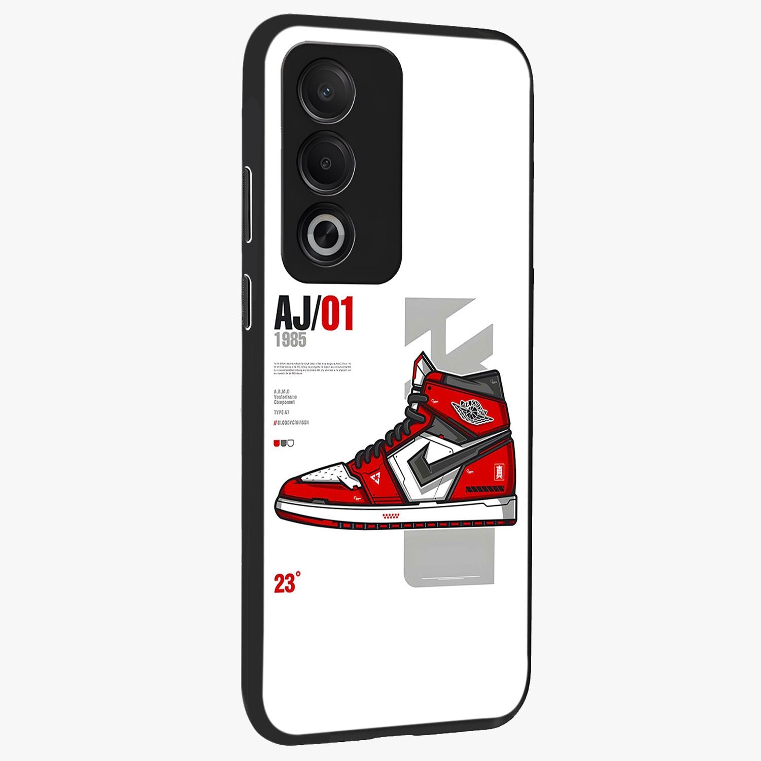 Retro Sneaker Blueprint Glass Case upright view showcasing stylish sneaker illustration with vintage streetwear theme.