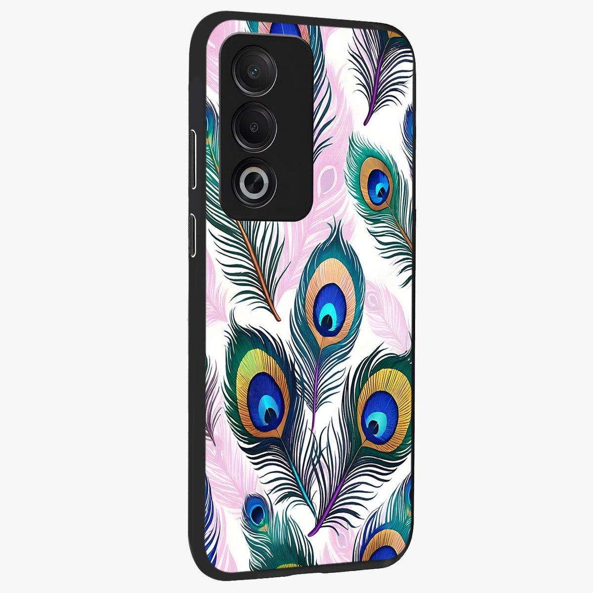 Royal Peacock Feathers Glass Case upright view showcasing elegant peacock feather artwork with decorative royal theme.