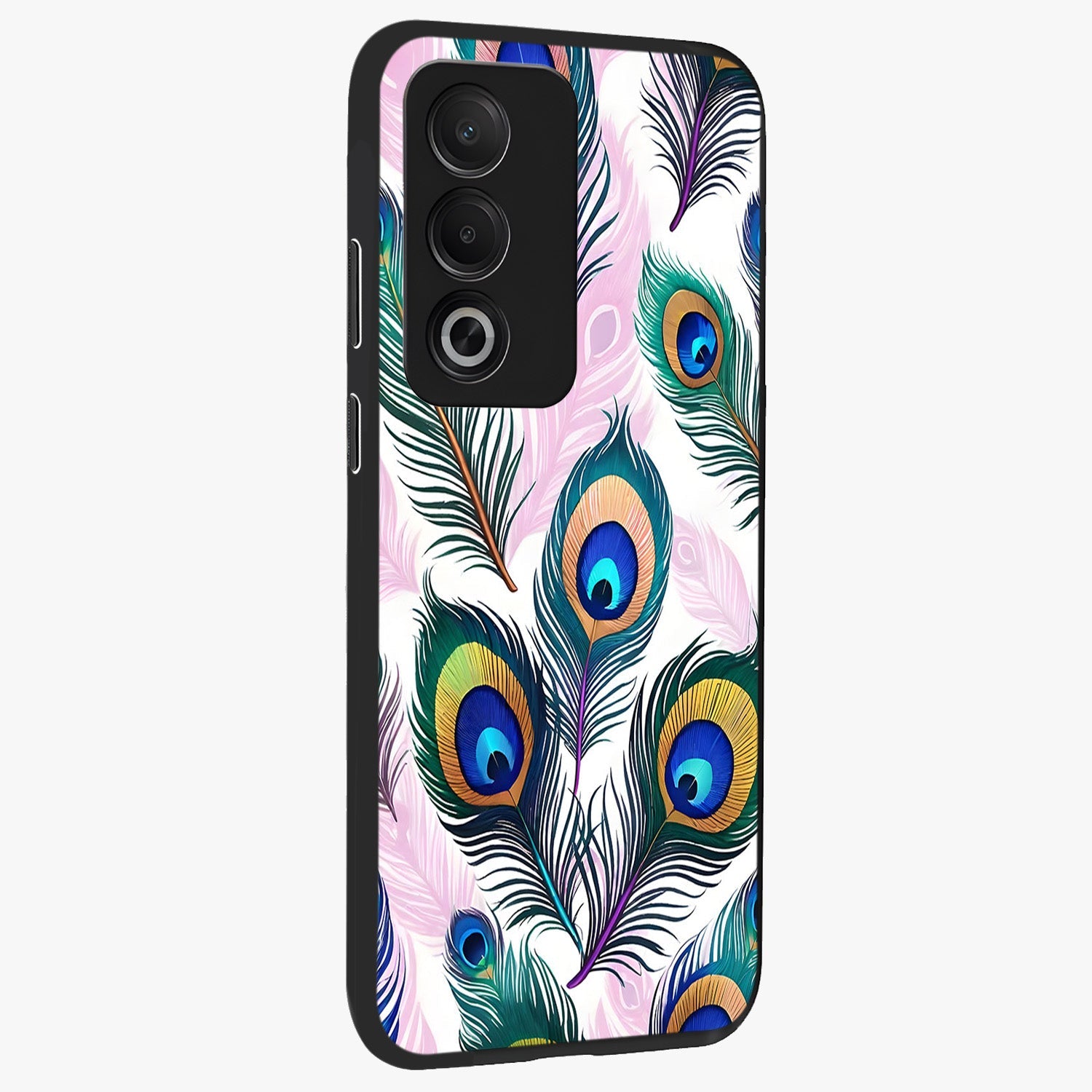 Royal Peacock Feathers Glass Case upright view showcasing elegant peacock feather artwork with decorative royal theme.