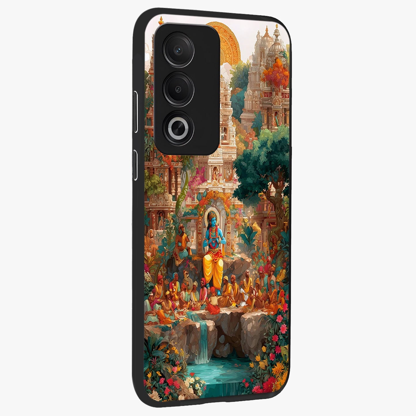 Sacred Sunlight Gods Glass Case upright view showcasing glowing divine artwork with sacred mythological theme.