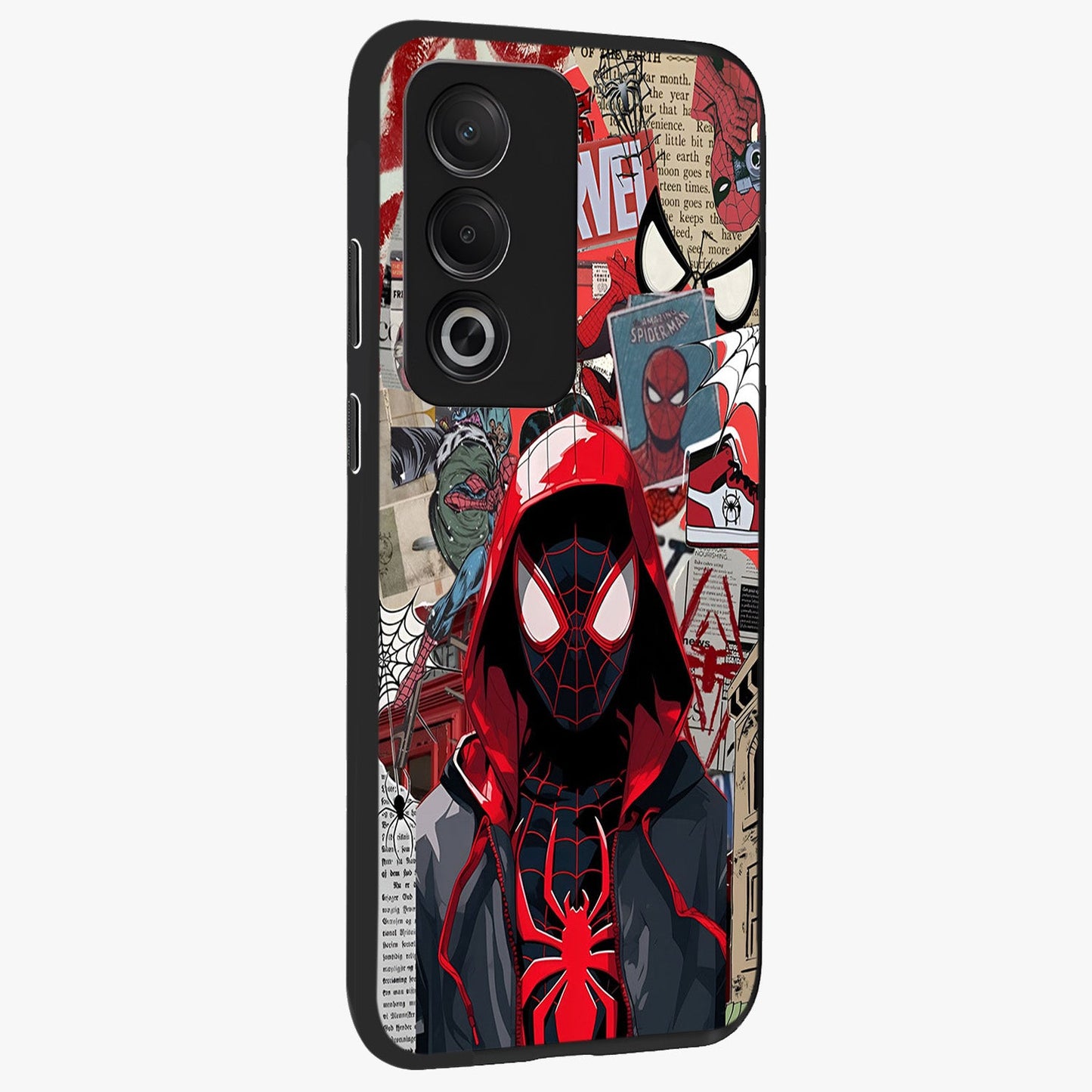 Spider Collage Street Glass Case upright view showcasing bold superhero artwork with urban street theme.