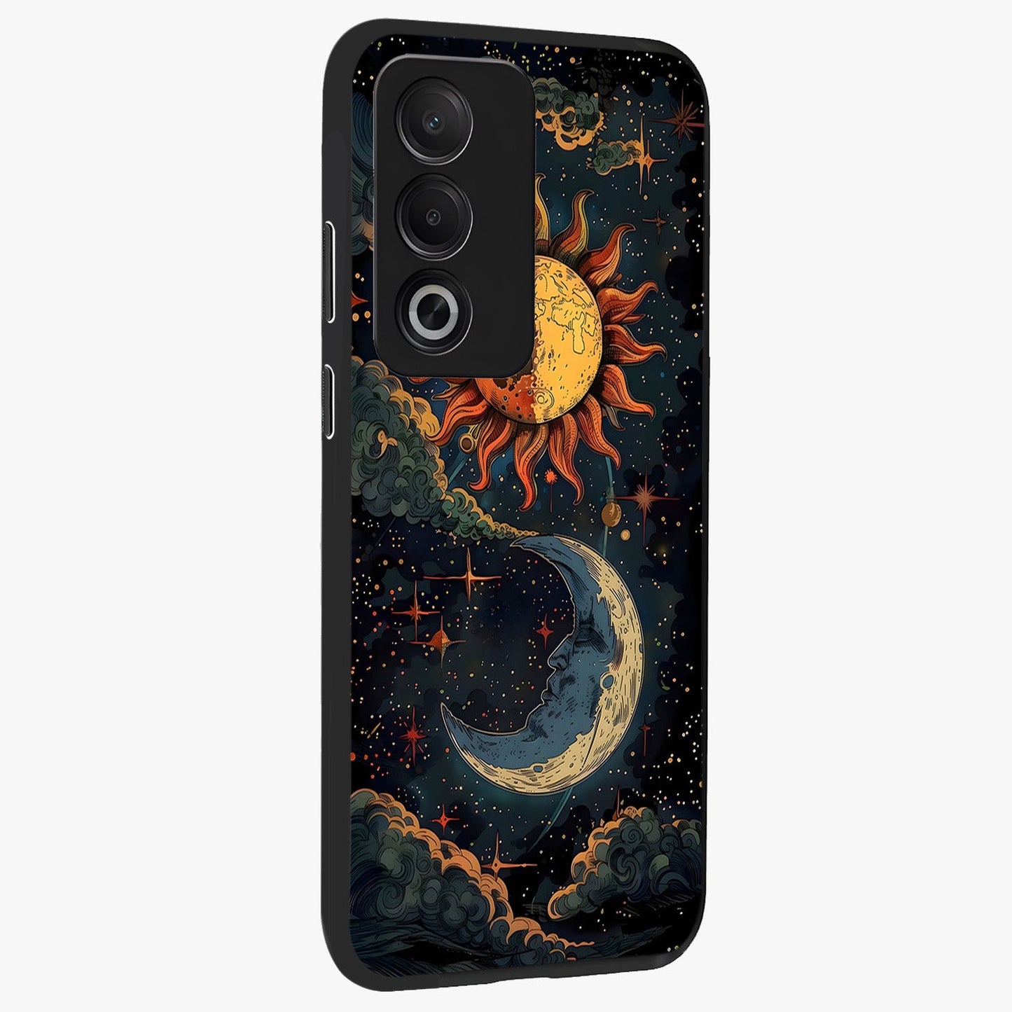 Sun And Moon Magic Design Glass Case upright view showcasing decorative sun and moon artwork with spiritual celestial theme.