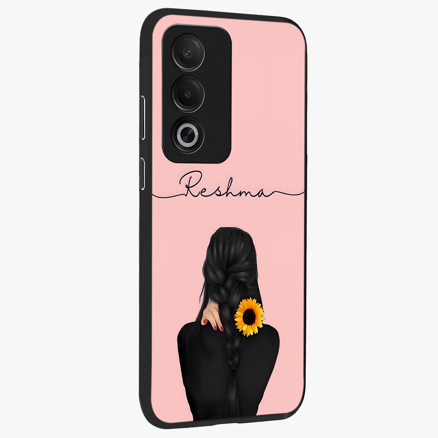 Sunflower Braid Beauty With Custom Name Glass Case upright view showcasing bright sunflower artwork with personalized floral aesthetic.