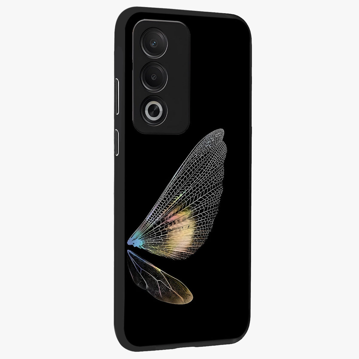 Whispers Of Wings Glass Case upright view showcasing elegant wing artwork with light airy theme.