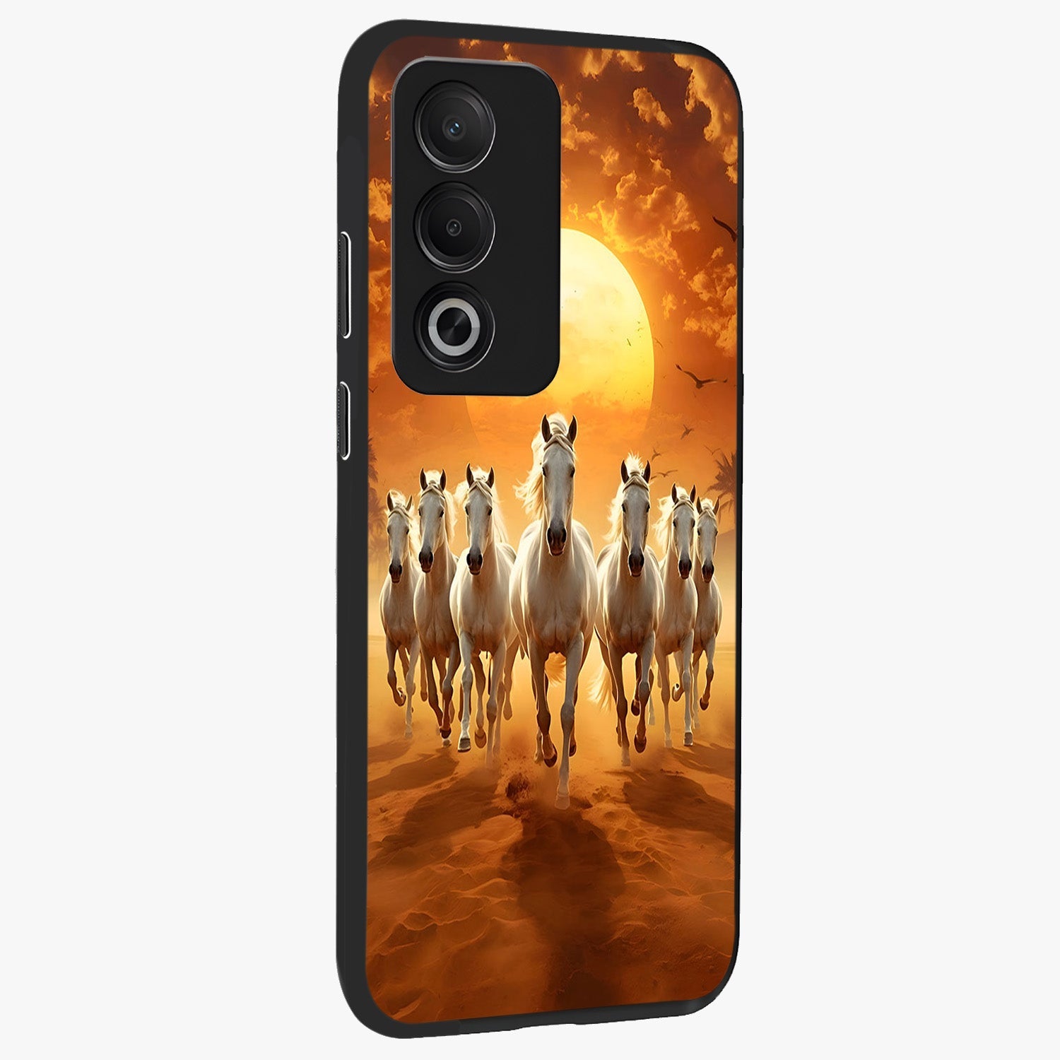 Wild Sunset Majesty Glass Case upright view showcasing dramatic sunset artwork with bold nature theme.
