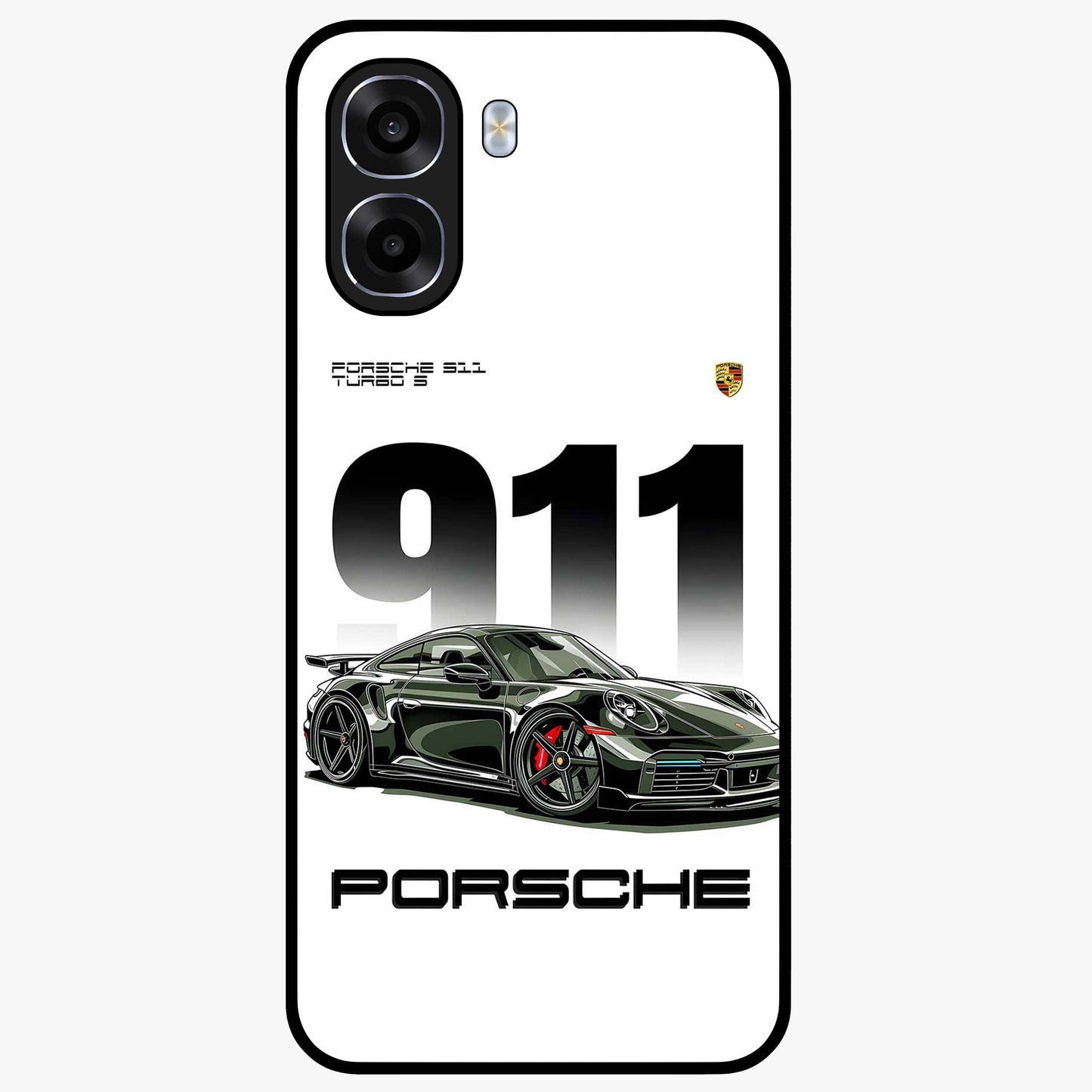 911 Turbo Dominance Glass Case showing clean flat back view with bold 911 sports car artwork and glossy glass finish.