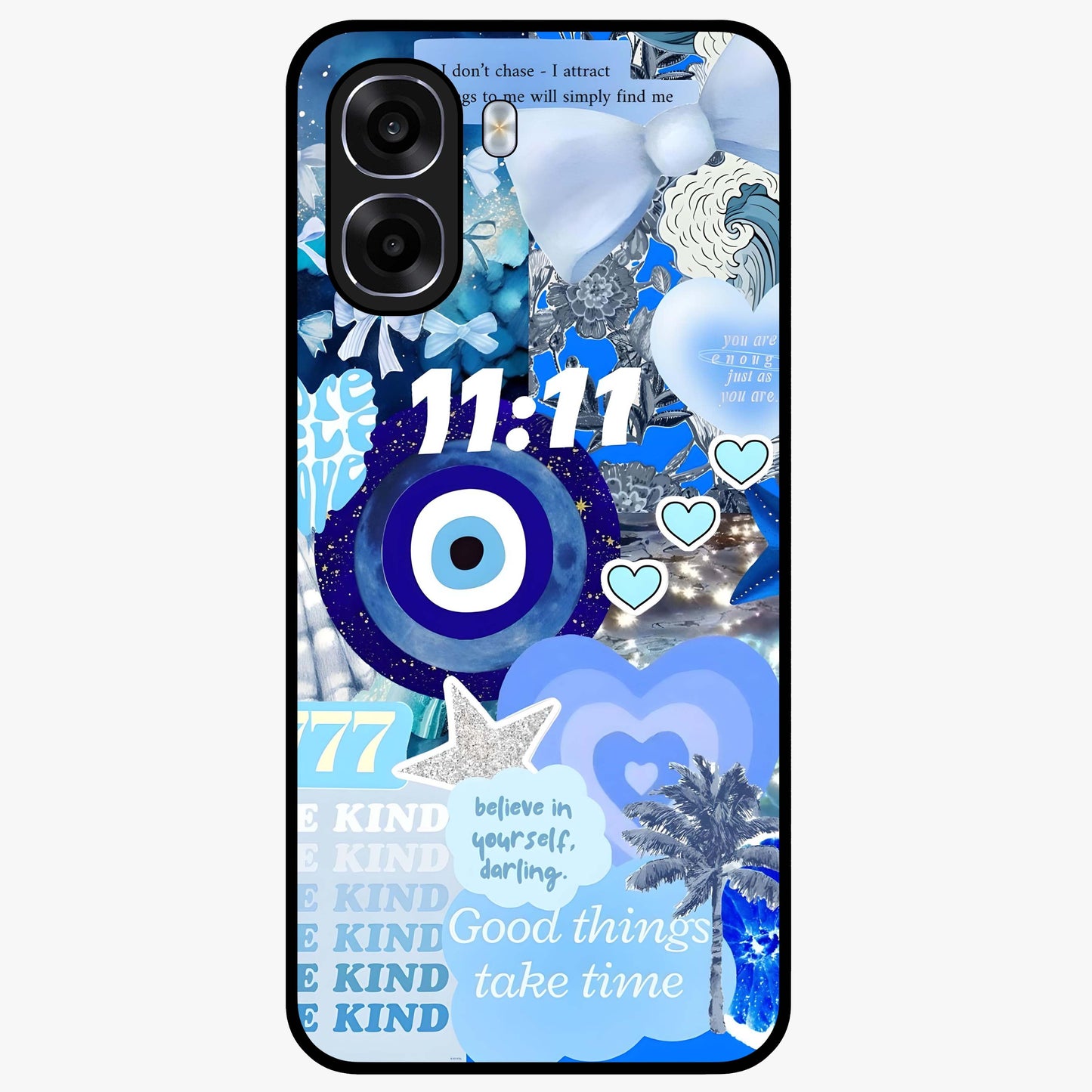 Aesthetic Be Kind Eye Glass Case showing flat back view with motivational eye artwork and glossy glass finish.