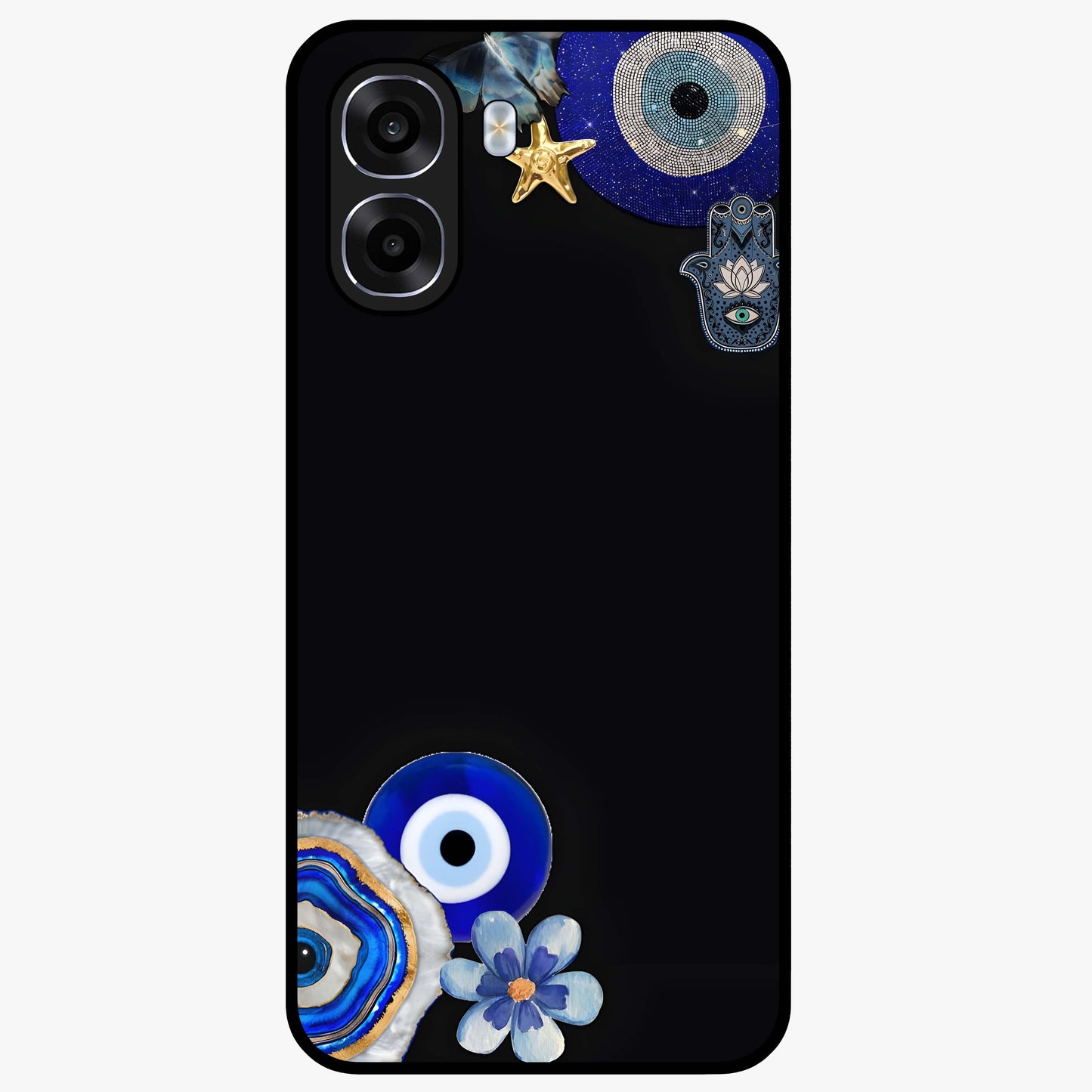 Aesthetic Blue Evil Eye Glass Case showing flat back view with protective evil eye artwork and glossy glass finish.