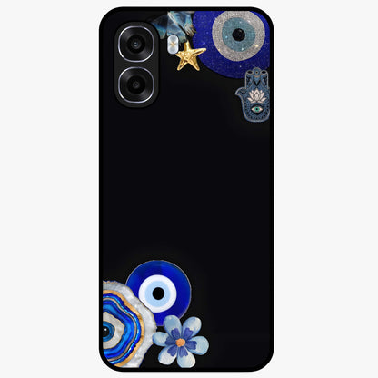 Aesthetic Blue Evil Eye Glass Case showing flat back view with protective evil eye artwork and glossy glass finish.