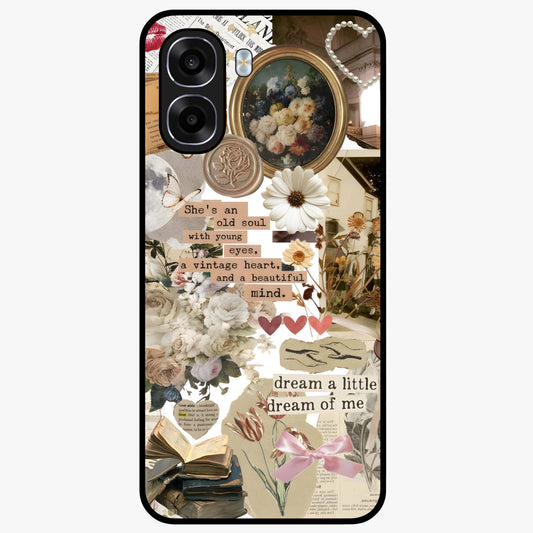 Aesthetic Brown Vintage Collage Glass Case showing flat back view with retro collage artwork and glossy glass finish.