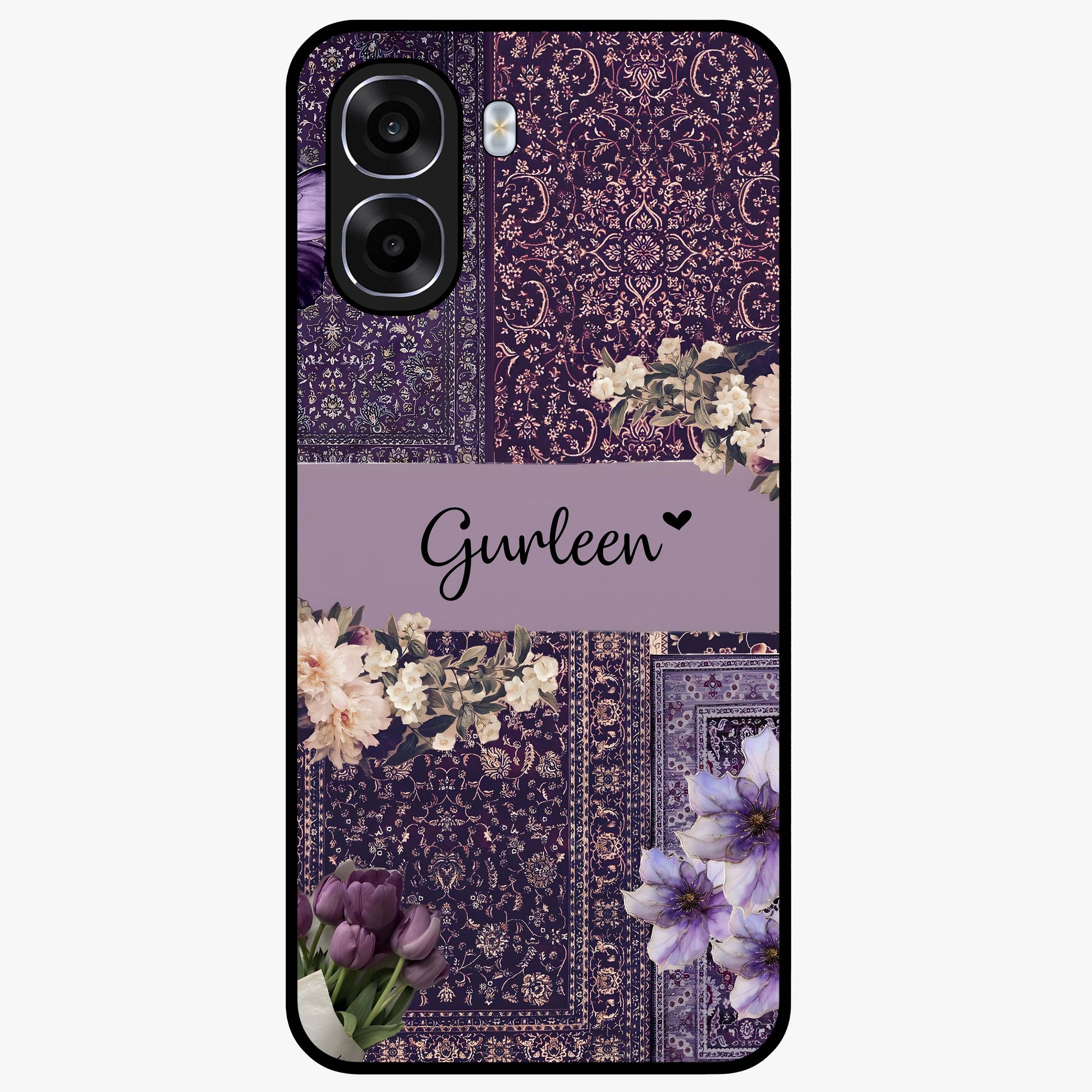 Antique Floral Whisper Custom Name Glass Case showing flat back view with vintage floral artwork and personalized name design.