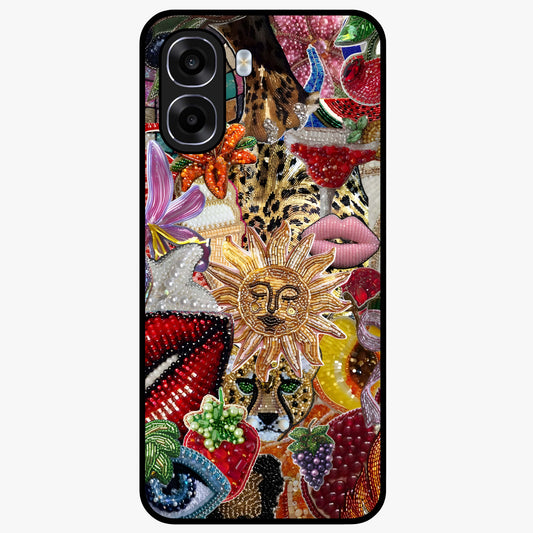 Beaded Fashion Jungle Glass Case showing flat back view with vibrant jungle inspired bead artwork and glossy glass finish.