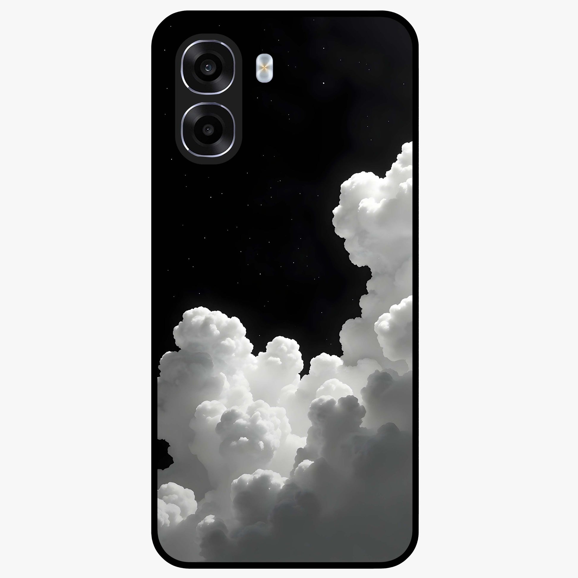 Black Background With White Cloud Glass Case showing flat back view with minimal cloud artwork on dark background and glossy glass finish.
