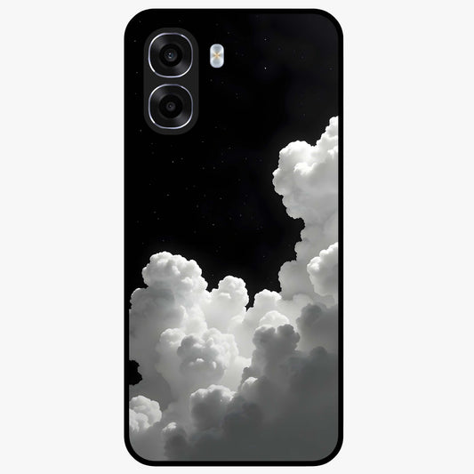 Black Background With White Cloud Glass Case showing flat back view with minimal cloud artwork on dark background and glossy glass finish.