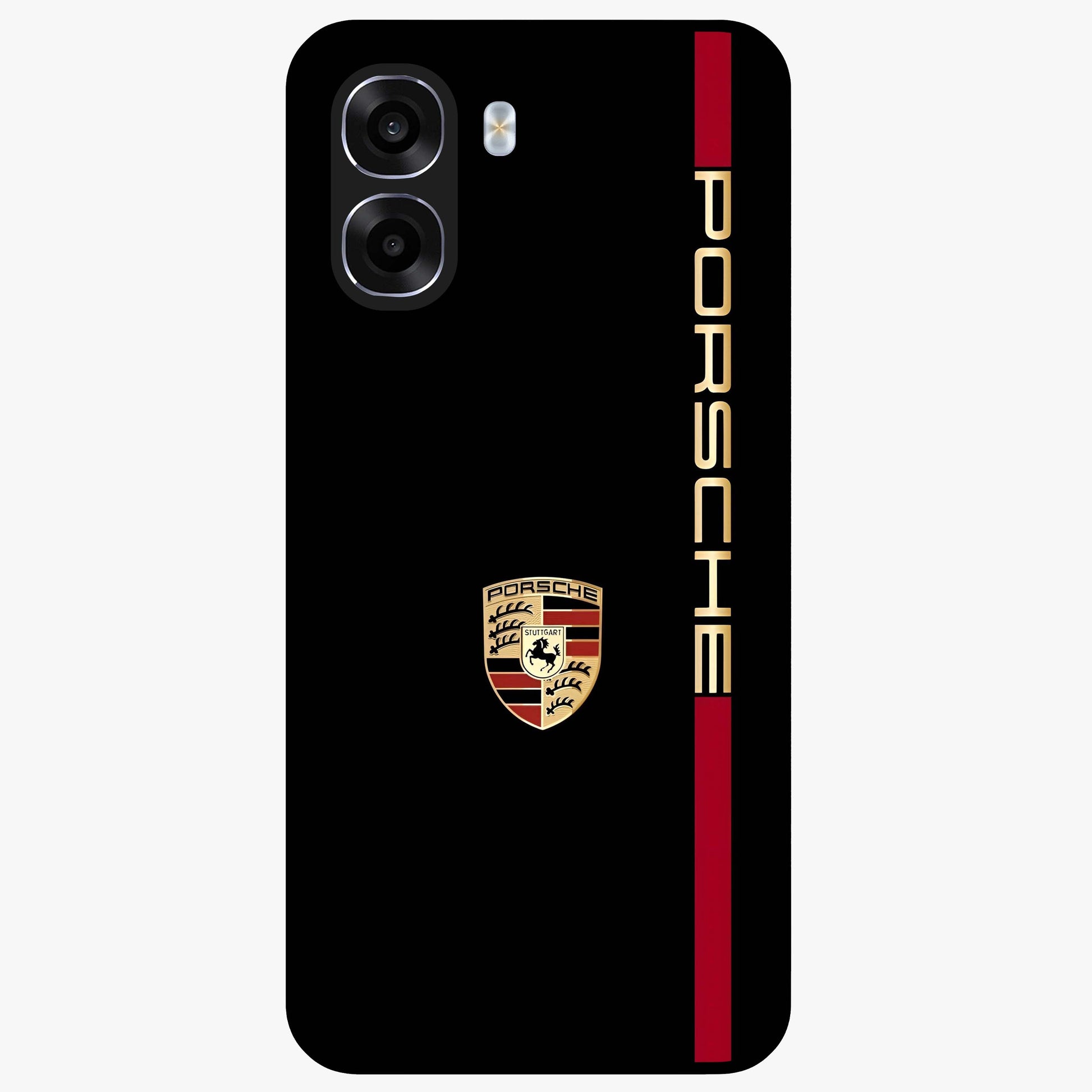 Black Minimal Porsche Glass Case showing flat back view with sleek minimal sports car artwork and glossy glass finish.