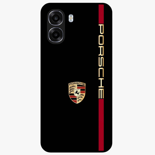 Black Minimal Porsche Glass Case showing flat back view with sleek minimal sports car artwork and glossy glass finish.