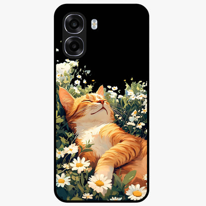 Blissful Bloom Cat Glass Case showing flat back view with cute cat and floral bloom artwork and glossy glass finish.