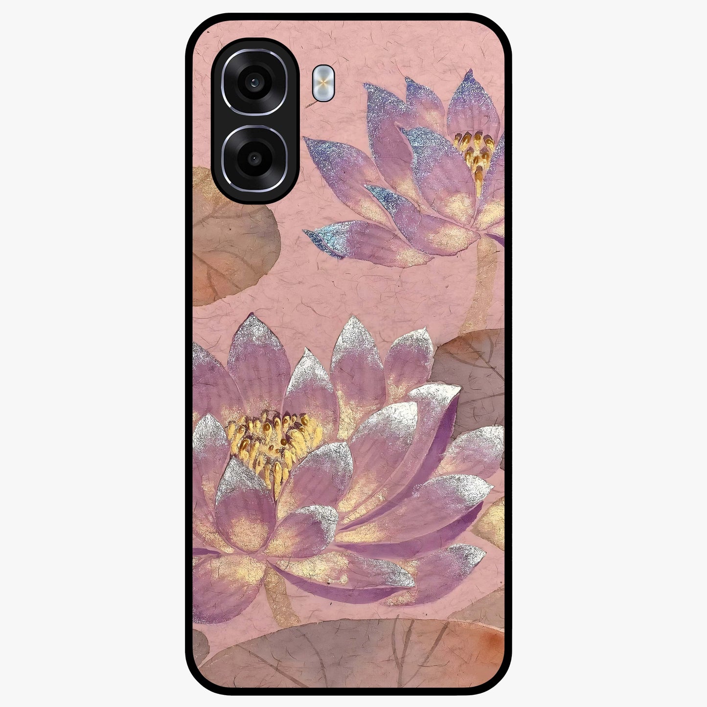 Blossom Mist Lotus Glass Case showing flat back view with serene lotus blossom artwork and glossy glass finish.