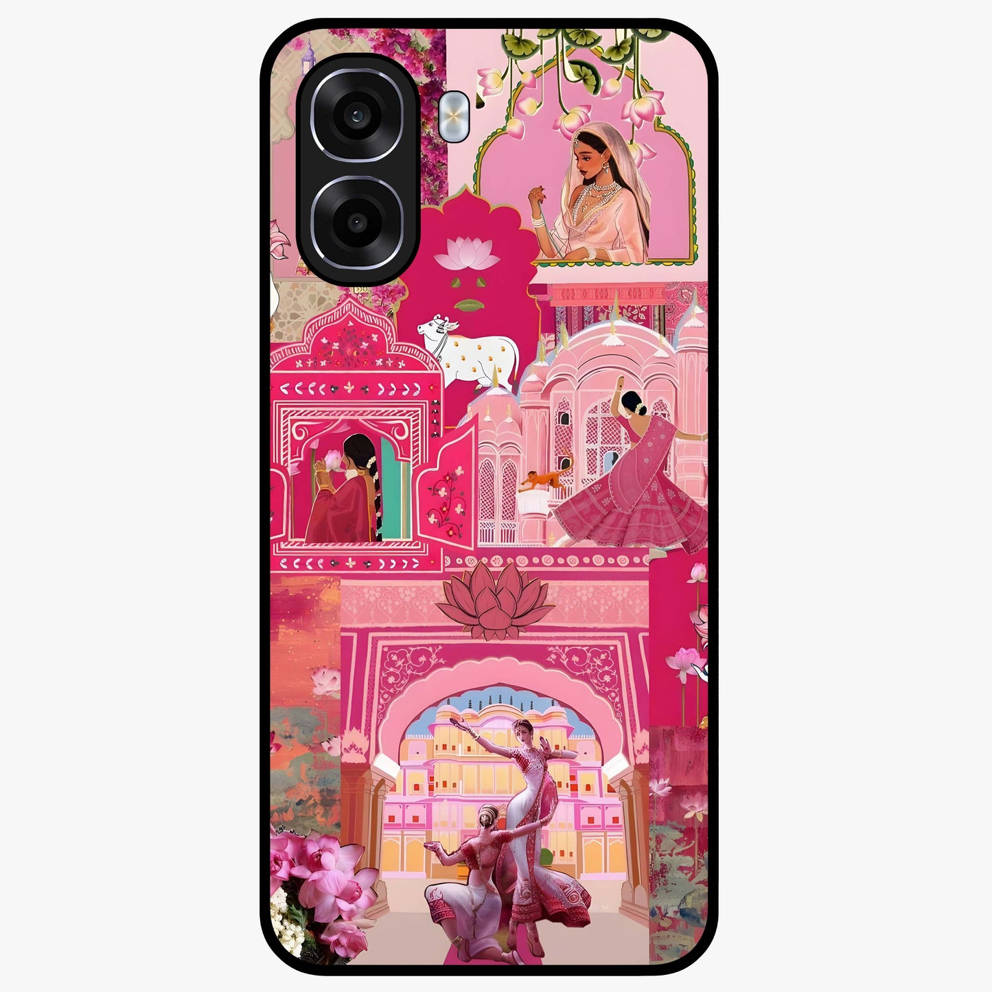 Blossoms of Rajasthan Glass Case showing flat back view with traditional floral artwork inspired by Rajasthan and glossy glass finish.