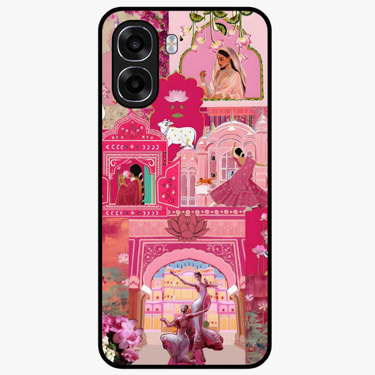Blossoms of Rajasthan Glass Case showing flat back view with traditional floral artwork inspired by Rajasthan and glossy glass finish.
