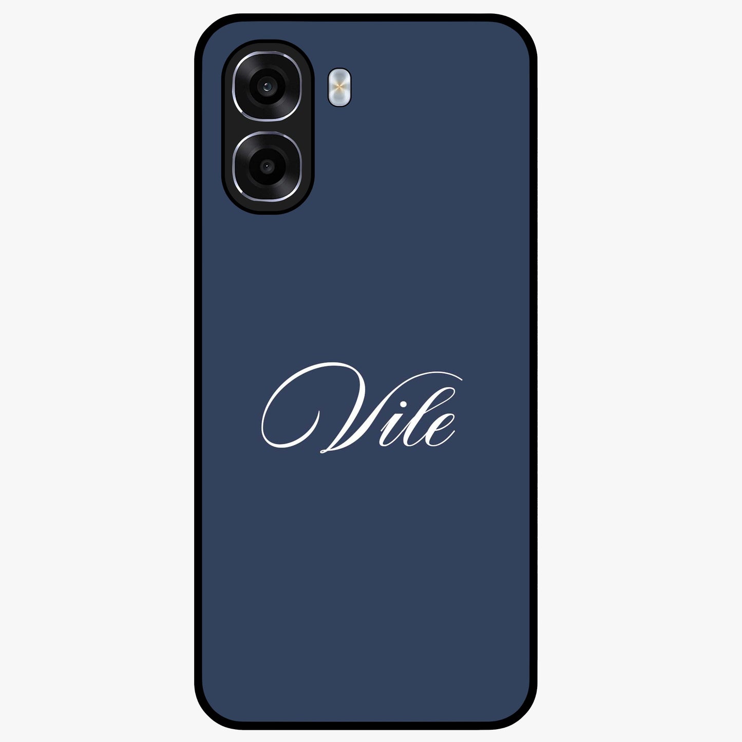 Blue Background Personalized Custom Name Glass Case showing flat back view with minimal blue background and custom name design.