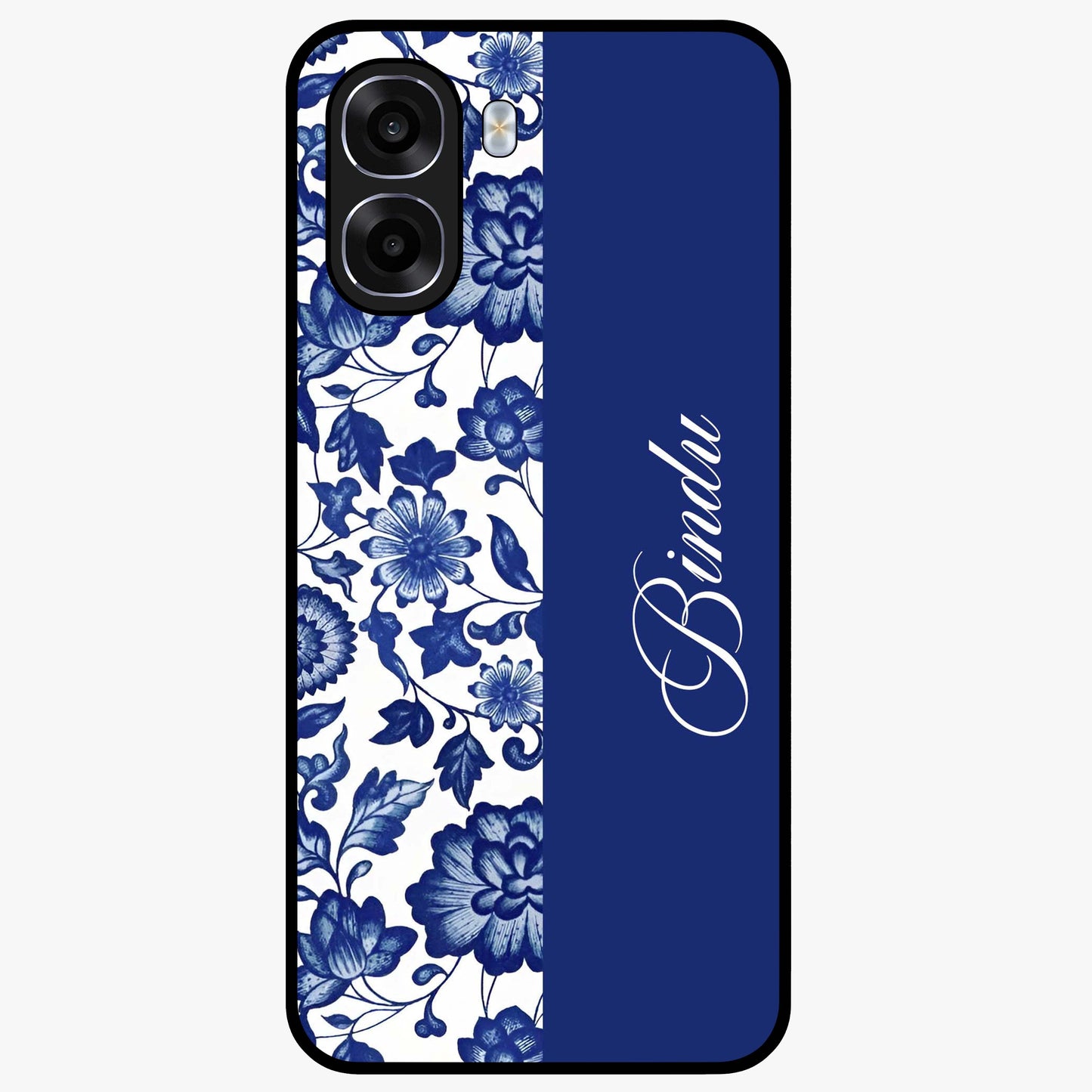 Blue Vintage Floral Pattern Glass Case upright view showcasing timeless floral illustration with vintage inspired style.