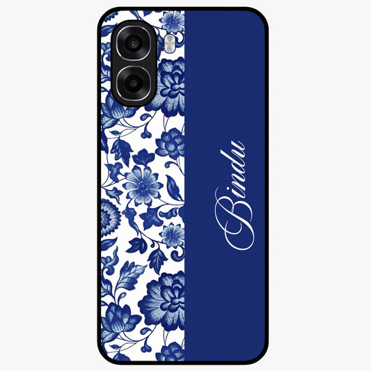 Blue Vintage Floral Pattern Glass Case upright view showcasing timeless floral illustration with vintage inspired style.