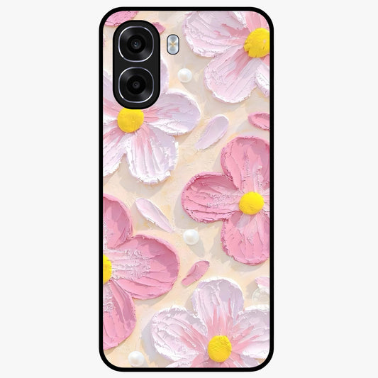 Blush Bloom Texture Glass Case showing flat back view with soft blush floral texture artwork and glossy glass finish.