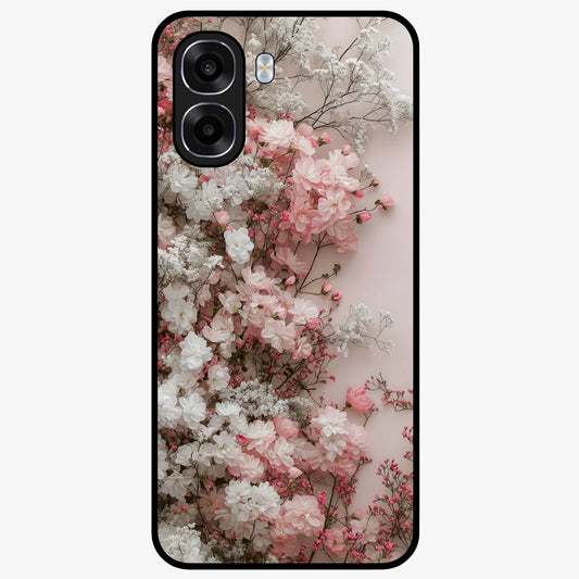 Blush Blossom Cloud Glass Case showing flat back view with dreamy blush cloud blossom artwork and glossy glass finish.