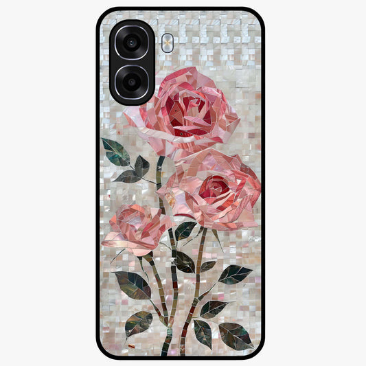 Blush Mosaic Bloom Glass Case showing flat back view with mosaic floral bloom artwork and glossy glass finish.