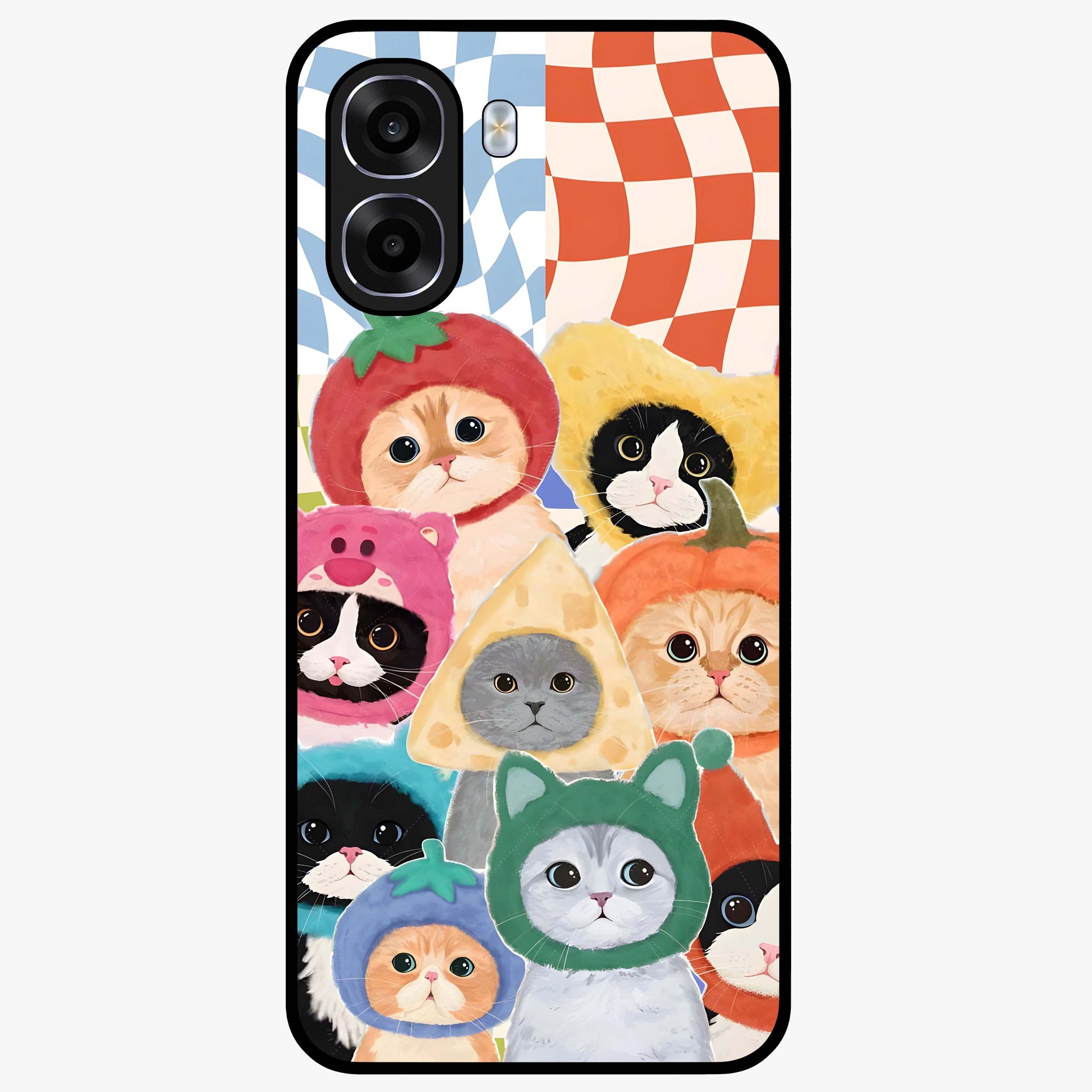 Cats in Fruits Glass Case showing flat back view with playful cat illustrations inside fruit artwork and glossy glass finish.