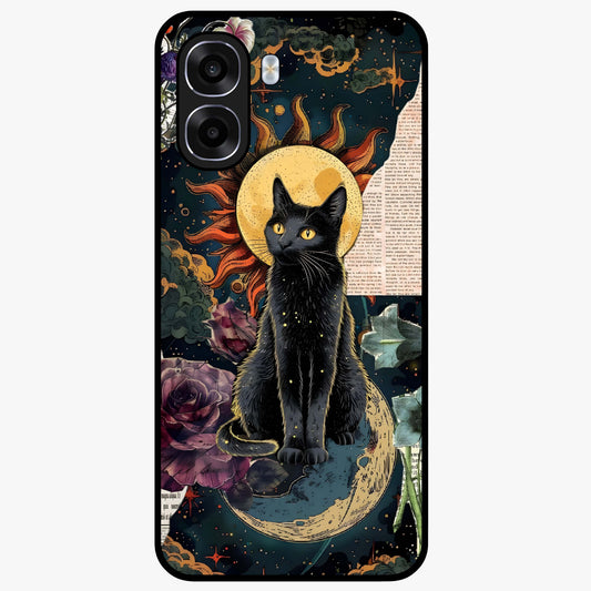 Celestial Black Cat Glass Case showing flat back view with mystical black cat artwork and glossy glass finish.