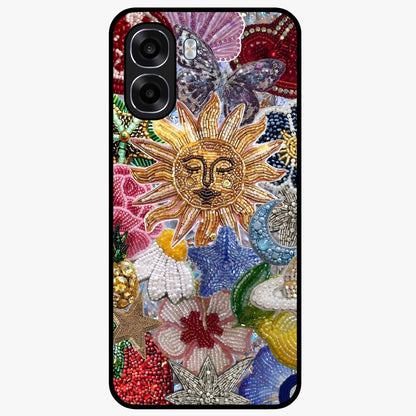 Celestial Floral and Playful Glass Case showing flat back view with floral and celestial themed artwork and glossy glass finish.
