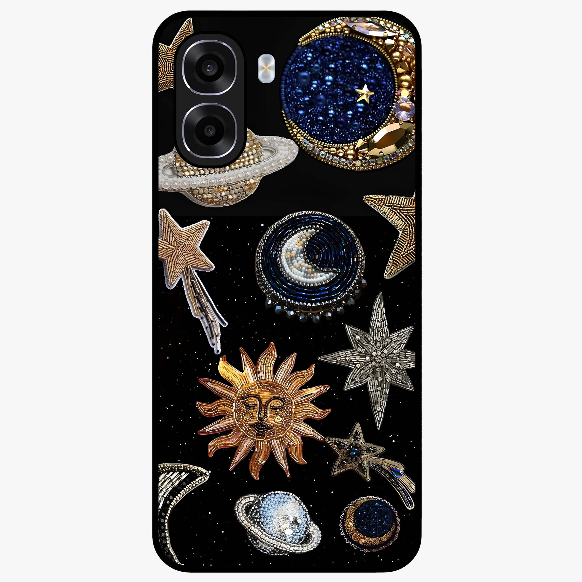 Celestial Gem Constellations Glass Case showing flat back view with sparkling constellation artwork and glossy glass finish.