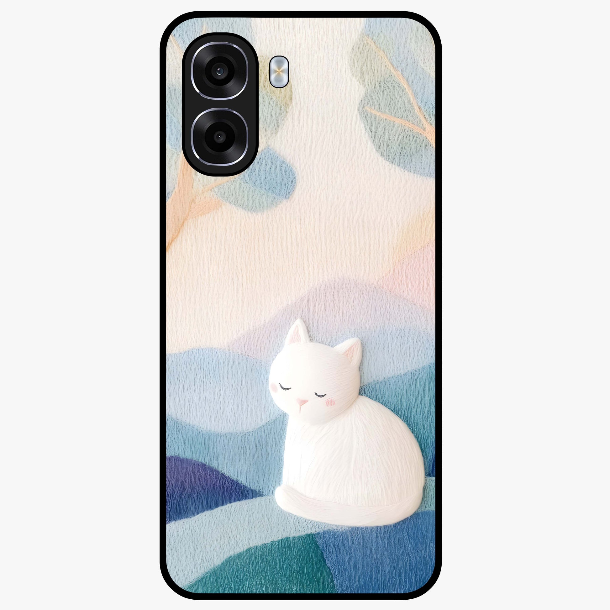 Cotton Dream Cat Glass Case showing flat back view with soft dreamy cat artwork and glossy glass finish.