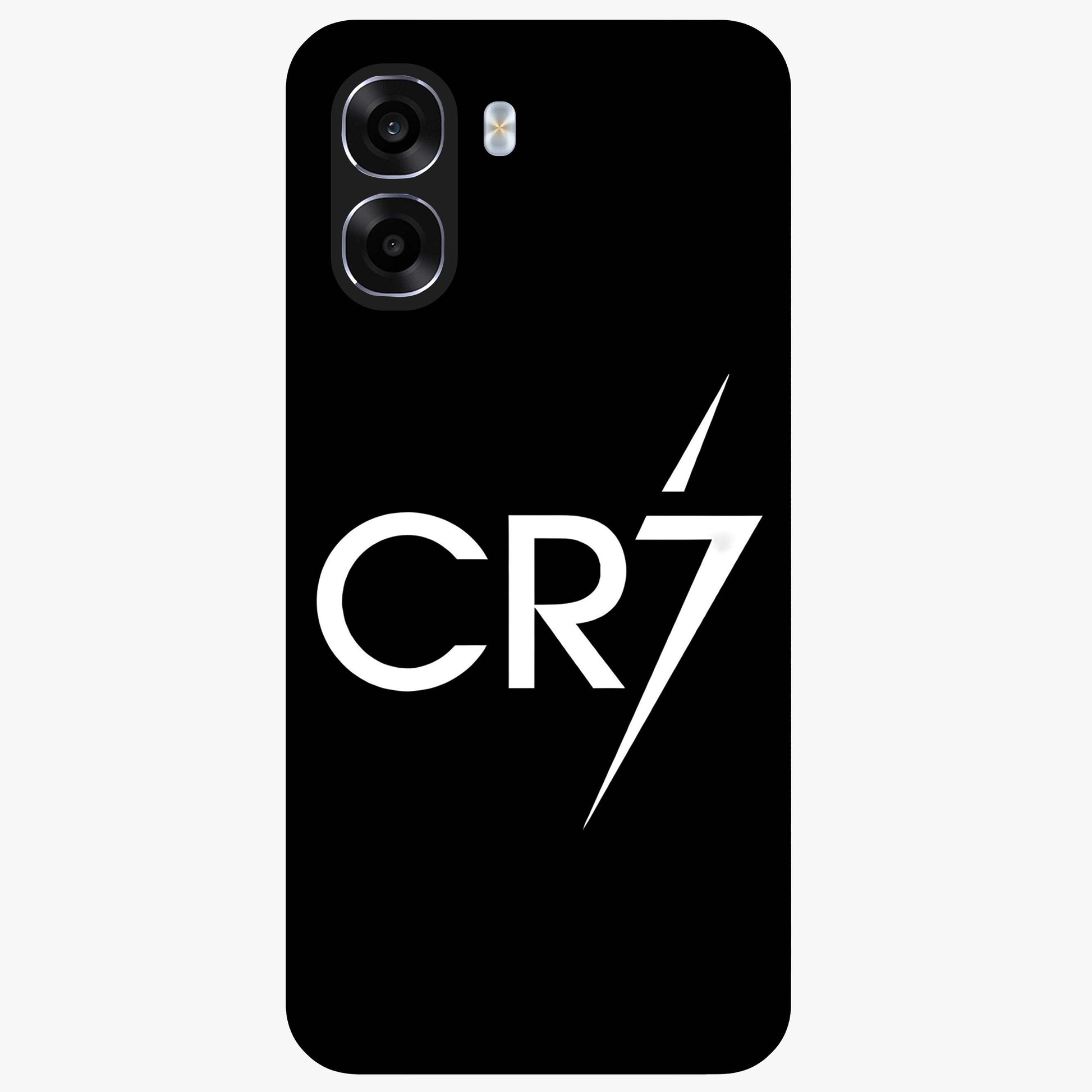 Cr7 Elite Strike Glass Case showing flat back view with dynamic football inspired artwork and glossy glass finish.