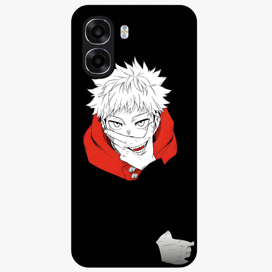 Crimson Chaos Smile Glass Case showing flat back view with bold chaotic smile artwork and glossy glass finish.