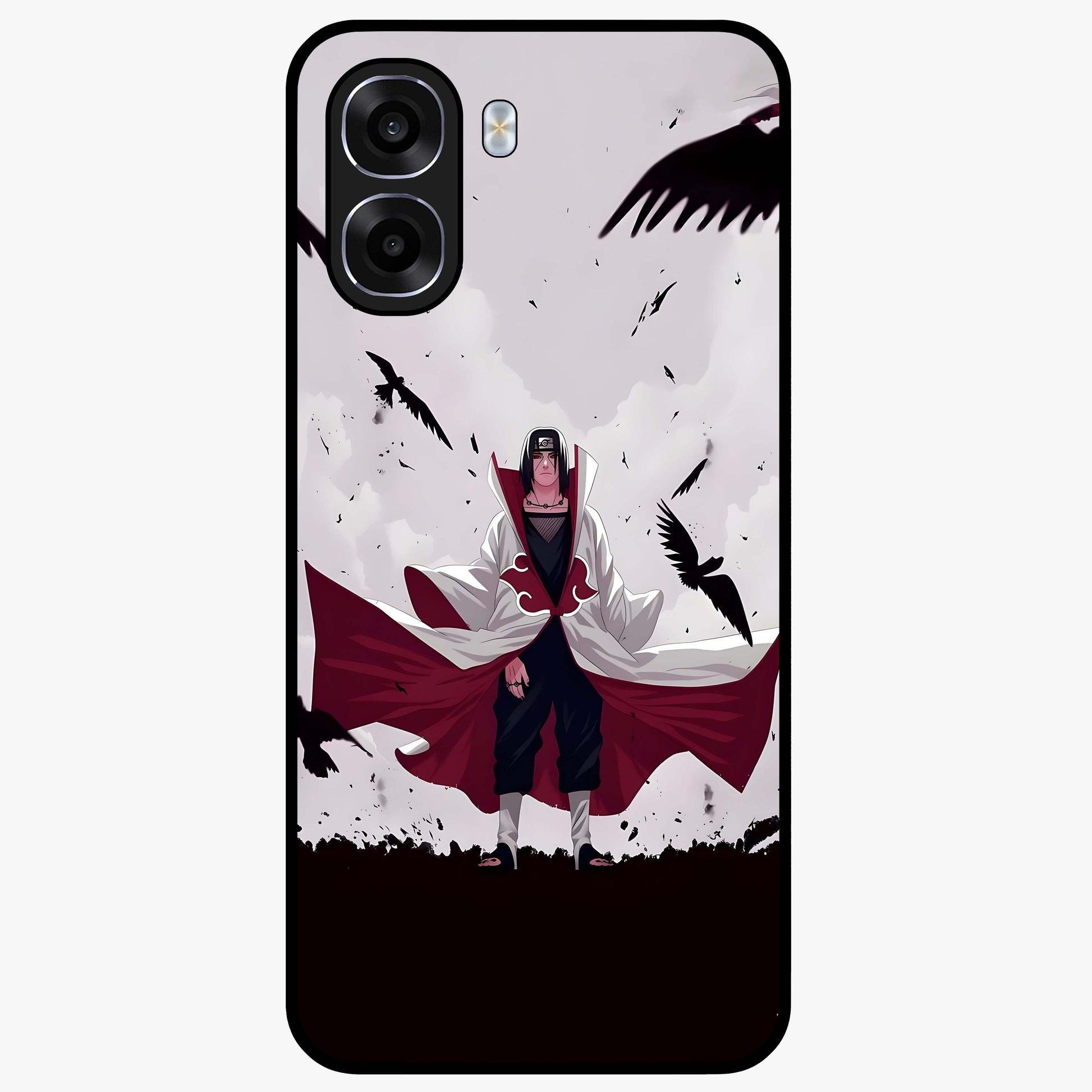 Crimson Crow Ascension Glass Case showing flat back view with mystical crow artwork and glossy glass finish.