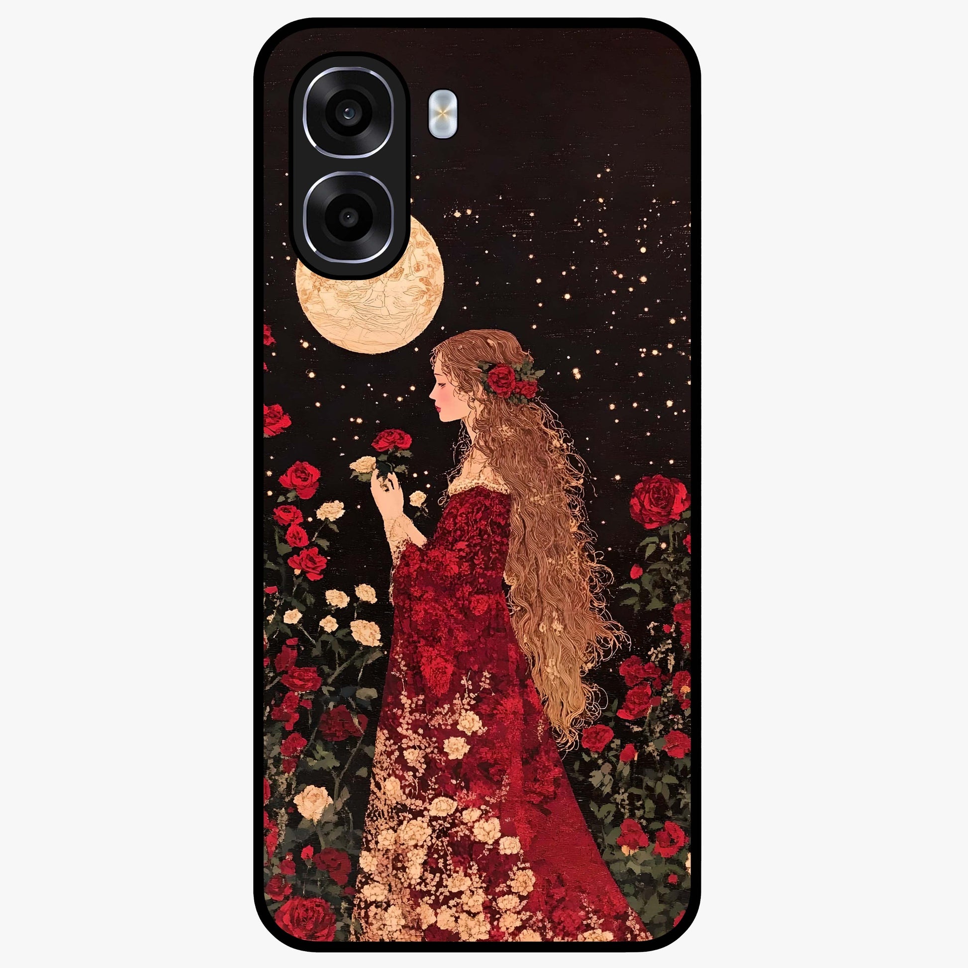 Crimson Dreams Glass Case showing flat back view with dreamy crimson artwork and glossy glass finish.