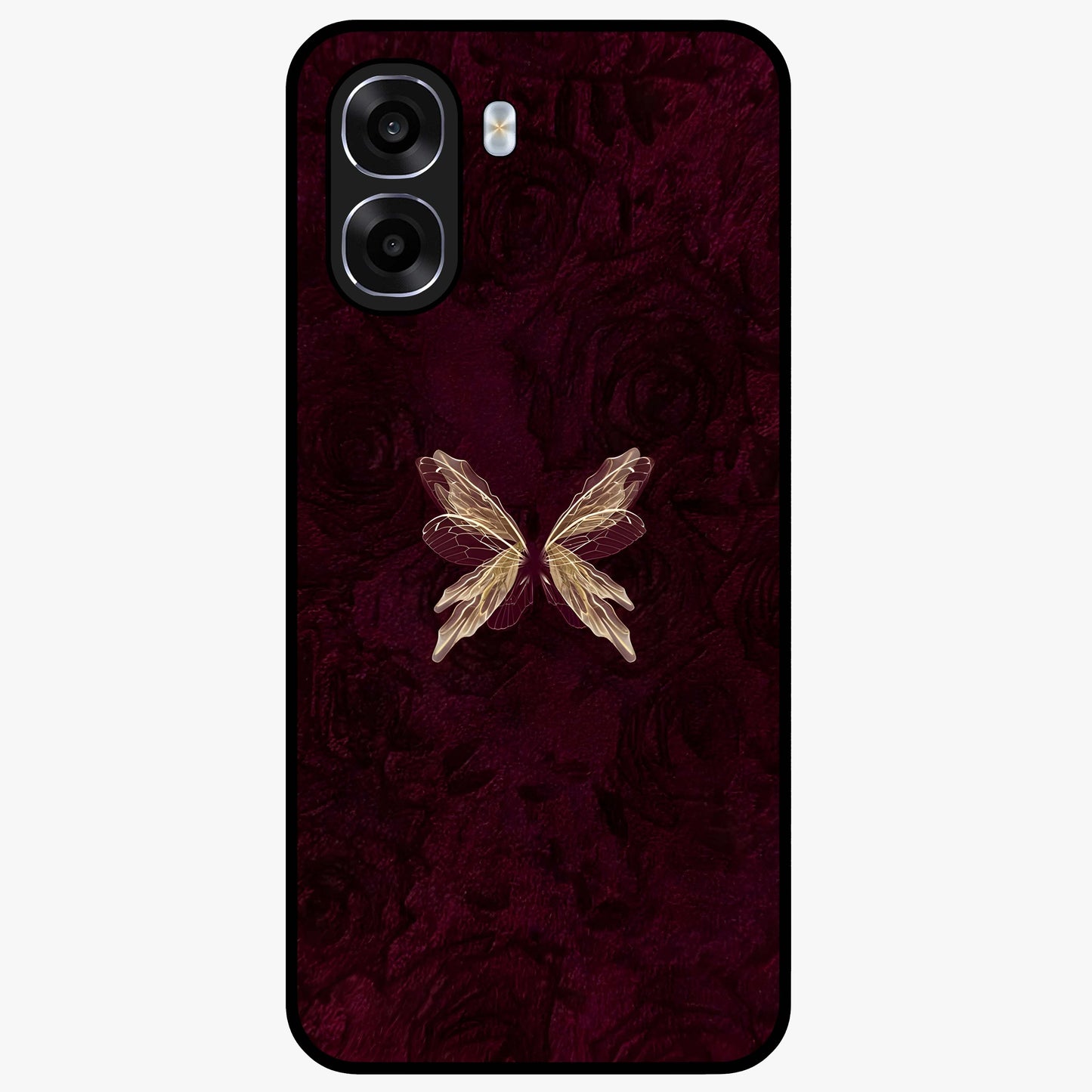 Crimson Fade Butterfly Glass Case showing flat back view with fading butterfly artwork and glossy glass finish.