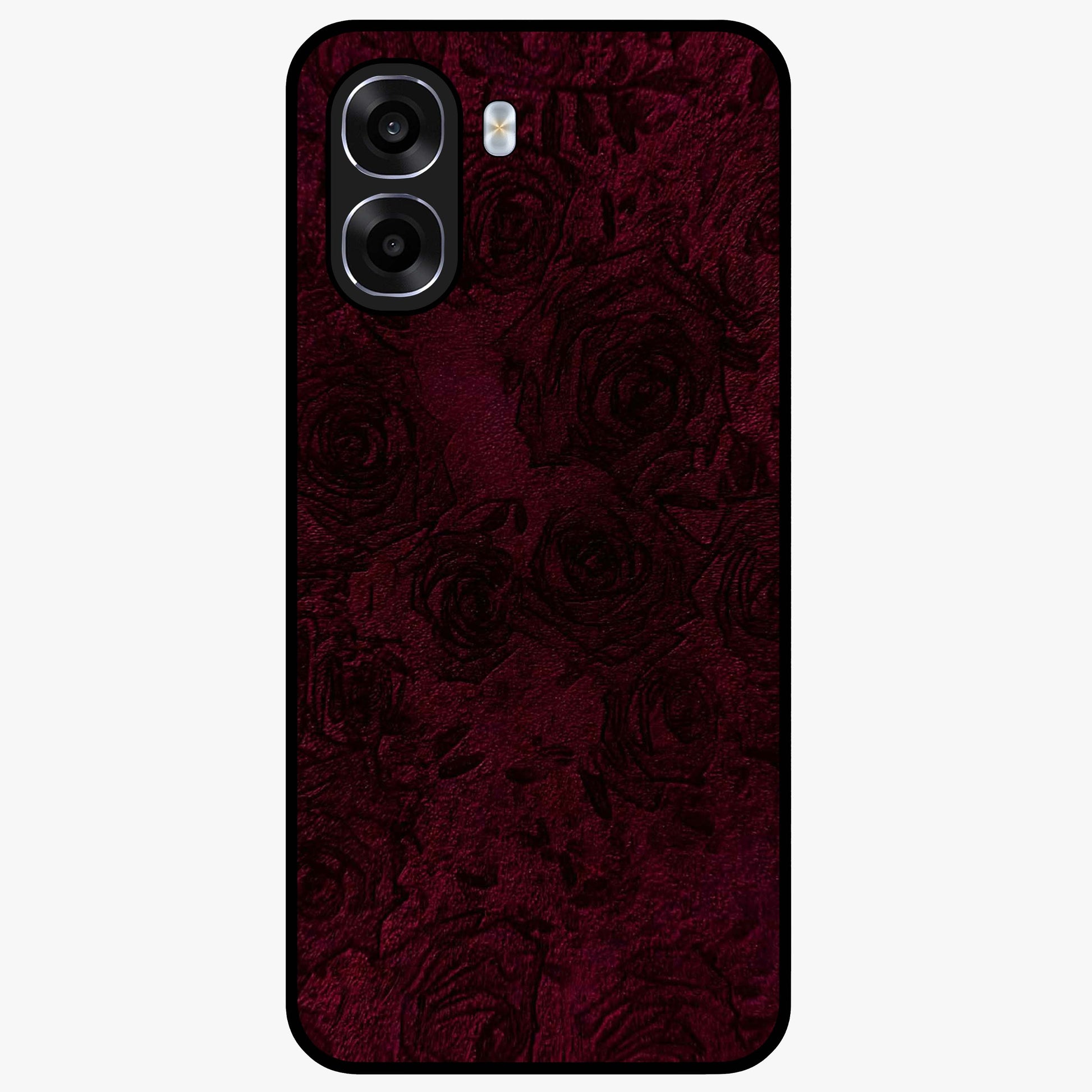 Crimson Fade Flow Glass Case showing flat back view with flowing crimson gradient artwork and glossy glass finish.