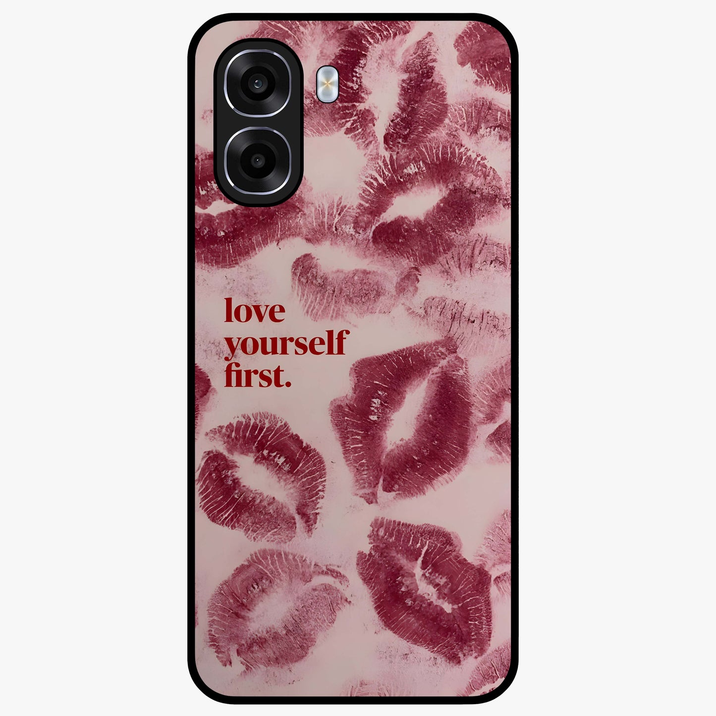 Crimson Kiss Love Glass Case showing flat back view with romantic crimson themed artwork and glossy glass finish.