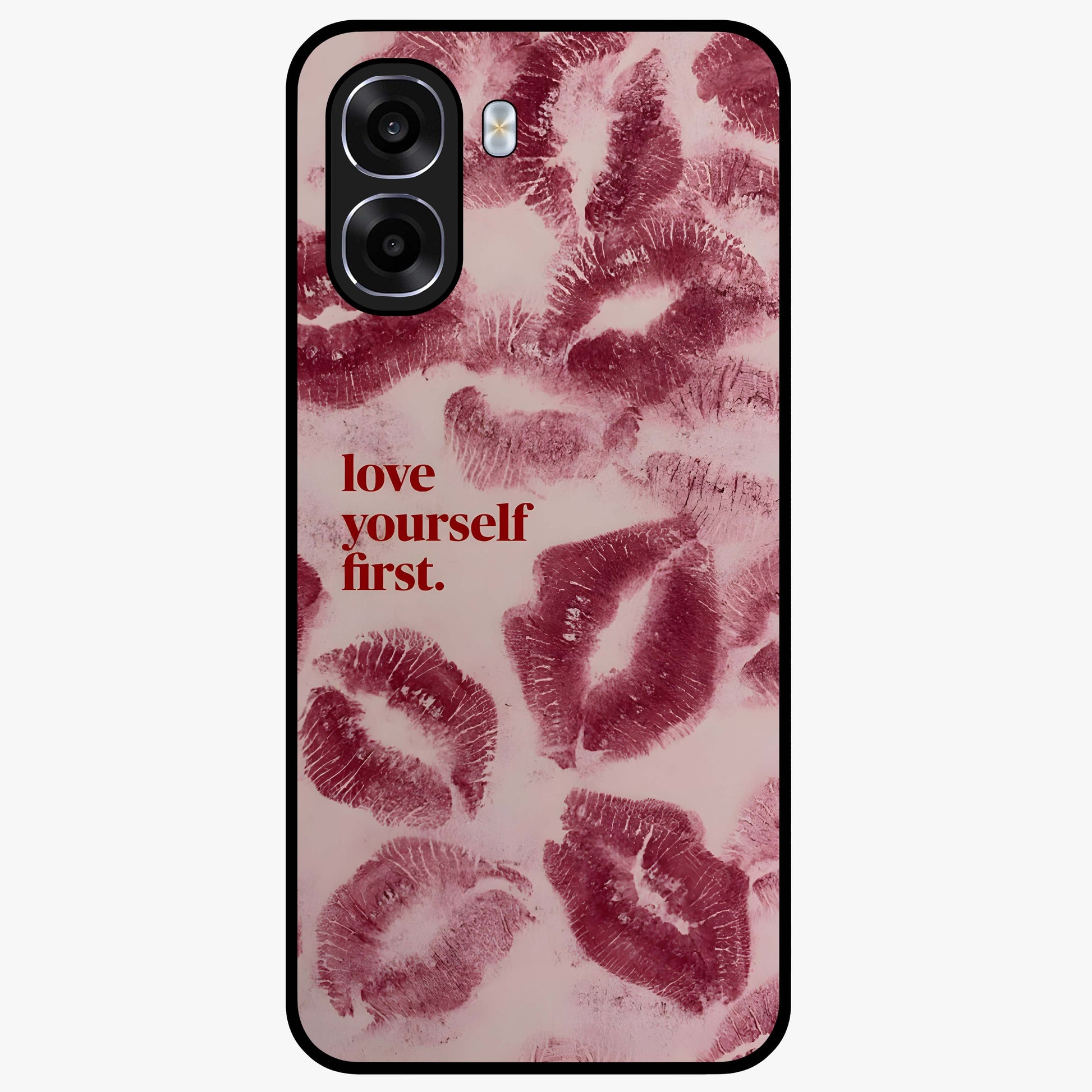 Crimson Kiss Love Glass Case showing flat back view with romantic crimson themed artwork and glossy glass finish.