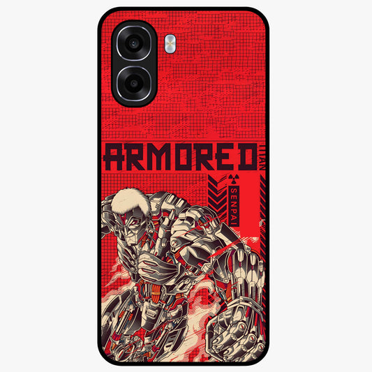 Crimson Mecha Titan Glass Case showing flat back view with powerful mech titan artwork and glossy glass finish.