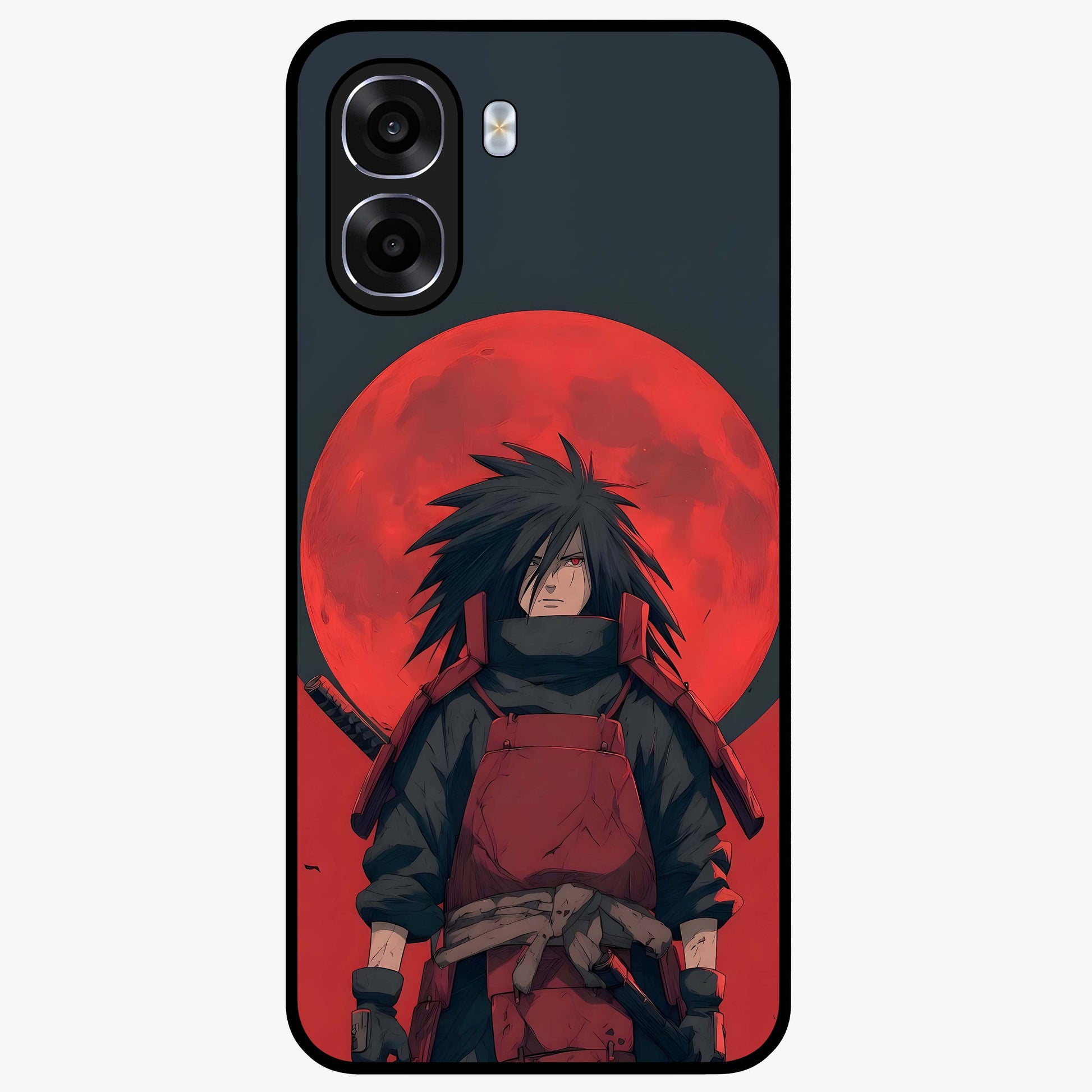 Crimson Moon Warlord Glass Case showing flat back view with mystical moon warrior artwork and glossy glass finish.