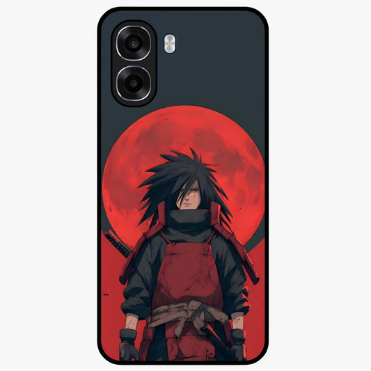 Crimson Moon Warlord Glass Case showing flat back view with mystical moon warrior artwork and glossy glass finish.