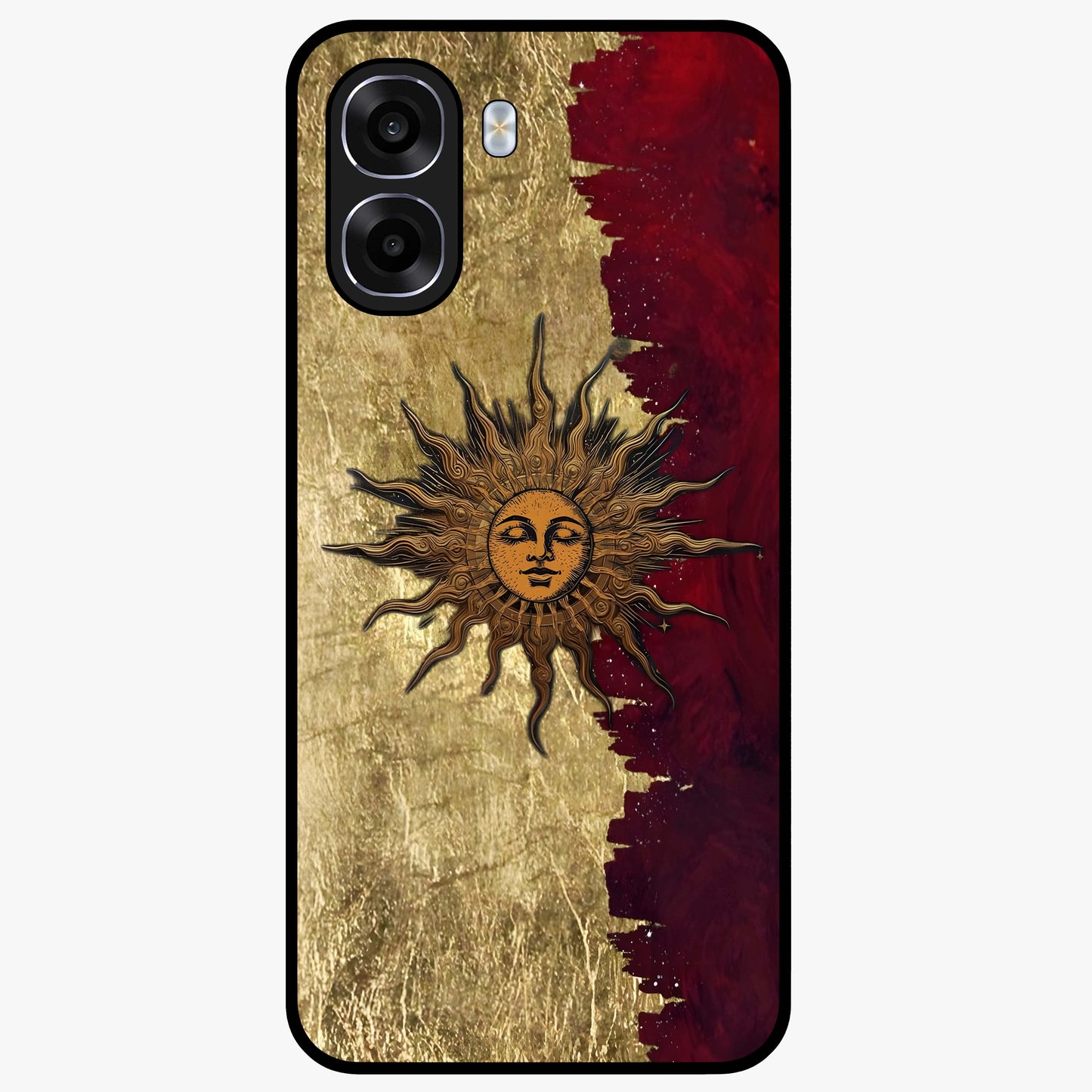 Crimson Sun Majesty Glass Case showing flat back view with radiant sun inspired artwork and glossy glass finish.