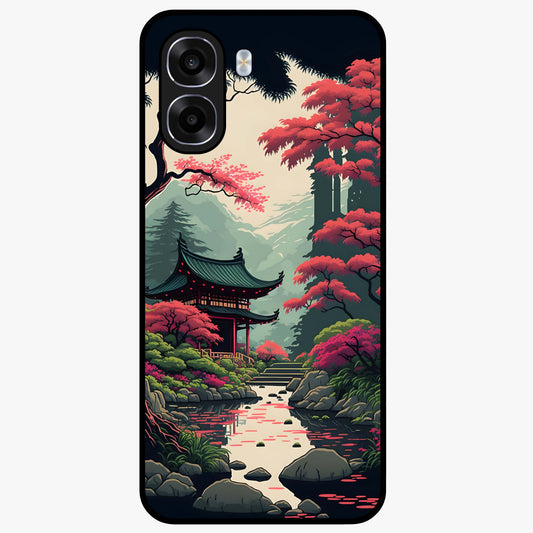 Crimson Temple View Glass Case showing flat back view with temple inspired artwork and glossy glass finish.