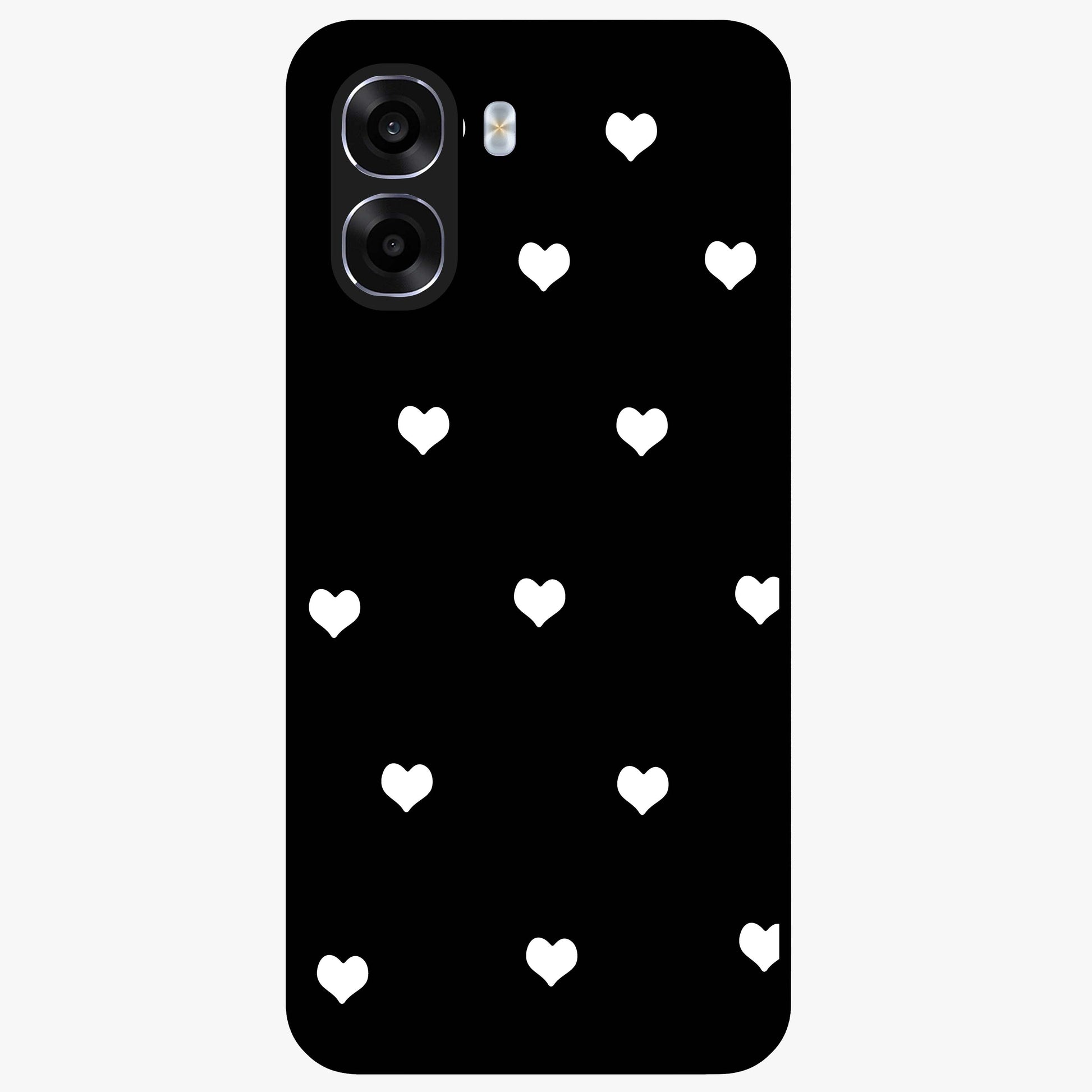 Cute And Simple White Hearts Glass Case showing flat back view with minimal white heart pattern and glossy glass finish.